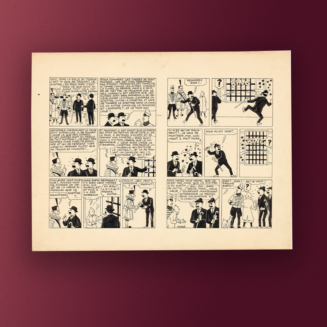 Hergé (Georges Remi, dit 1907-1983) · Tintin : Le Sceptre d’Ottokar, planches 71 et 72 Encre de Chine, gouache blanche et crayon bleu sur papier · Paru dans le petit vingtième, 1938 · Album, éditions Casterman, 1939 | Angoulême, musée de la bande dessinée - Inv. 84.23.1