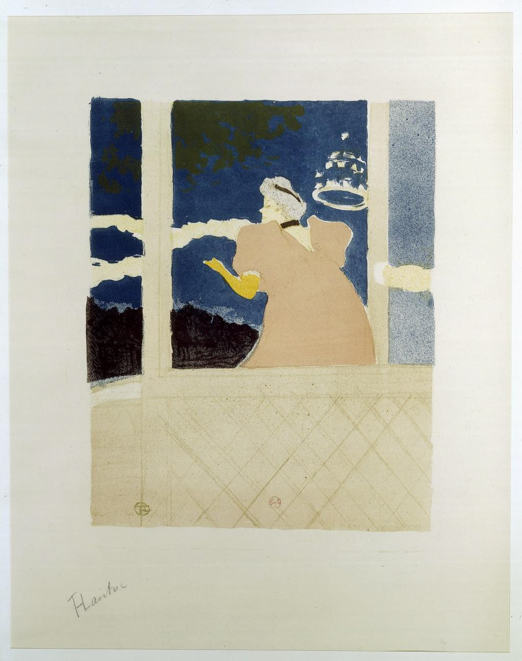 Henri de Toulouse-Lautrec, Aux Ambassadeurs - Chanteuse au café-concert (épreuve d'essai sur vélin en jaune, beige et rose saumon, et état définitif), lithographie, 1894. BnF, Estampes, RESERVE DC-361 (4)-FOL