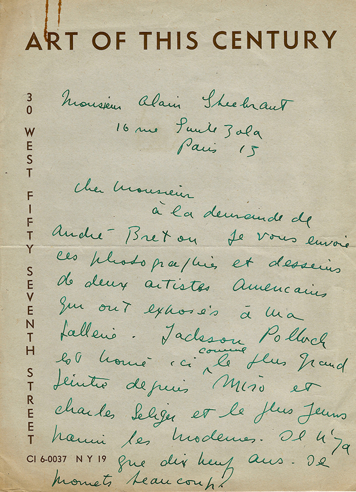 AUTOGRAPHES DES SIÈCLES - La galeriste americaine Peggy GUGGENHEIM à propos des peintres Jackson Pollock et Charles Seliger