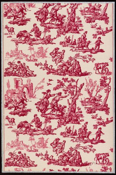 Papier à motif répétitif d’après Jouy, Manufacture Paul Dumas à Montreuil-sous-bois, vers 1929. Impression à la machine, fond blanc, 3 couleurs. Reprend en motif inversé la toile imprimée « Au loup » de la manufacture Oberkampf à Jouy, 1783-1789, dessin de Jean-Baptiste Huet. La bibliothèque conserve un exemplaire de cette toile, en coloris bleu, TI 181058 GF ©Yves Lesven/Bibliothèque Forney
