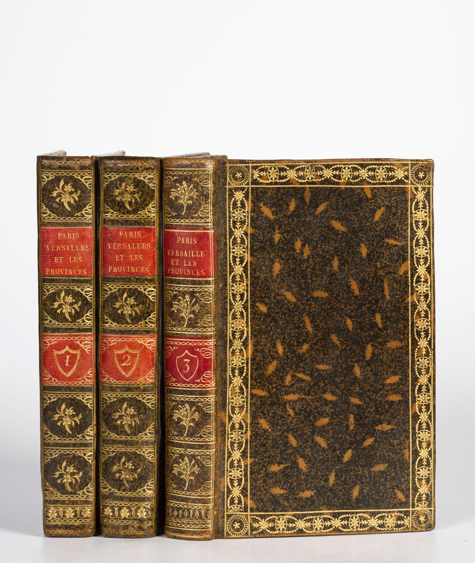 Spécimen de reliure à motifs géométriques de « Paris, Versaille et les Provines aux 18ème siècle », de Dugast de Bois Saint Just, une édition originale des 3 volumes réunis