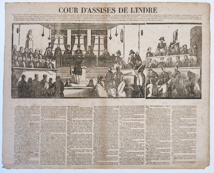 Librairie Michel BOUVIER - Beau placard illustré d’un imposant bois gravé, représentant les accusés de la Jacquerie de Buzançais dans la salle du tribunal de la Cour d’assises de Châteauroux, durant le procès qui eut lieu les 13, 14 et 15 janvier 1847. Un feuillet in-plano, imprimé au recto seul (560 x 445 mm environ). La sévérité du jugement - trois condamnations à mort et vingt-et-une peines de travaux forcés – suscita l’émotion de nombreux intellectuels comme Victor Hugo et George Sand.