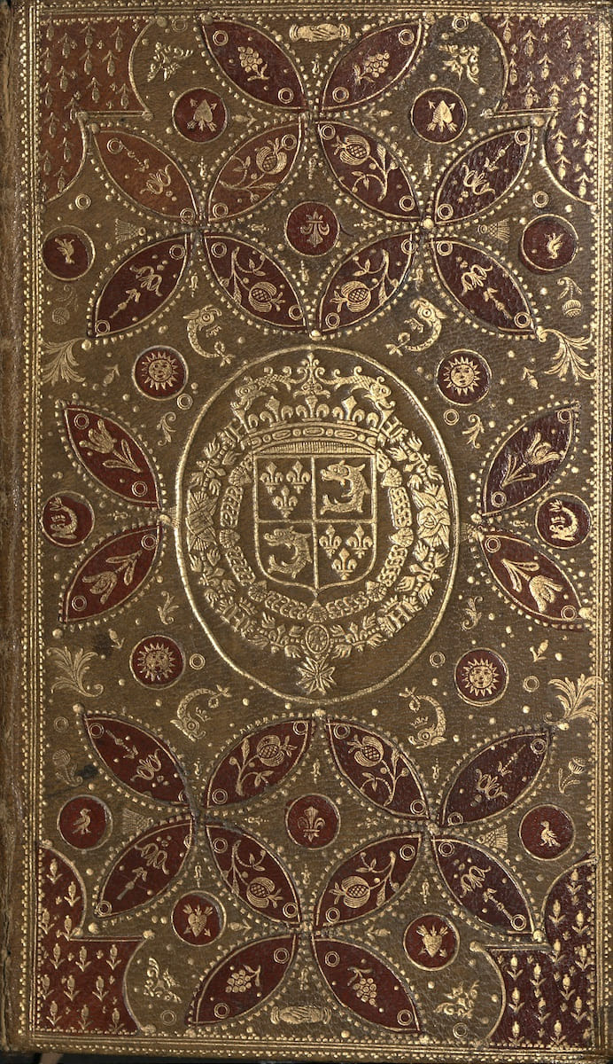 Térence (190-159 av. J.-C.), Publii Terentii comoediae expurgatae, Parisiis, Sumptibus Fratrum Barbou, 1717, reliure en maroquin citron mosaïqué de maroquin rouge aux armes du dauphin Louis de France (1729-1765), Bibliothèque municipale de Versailles, Res in-12 E 67 d. © Bibliothèque municipale de Versailles