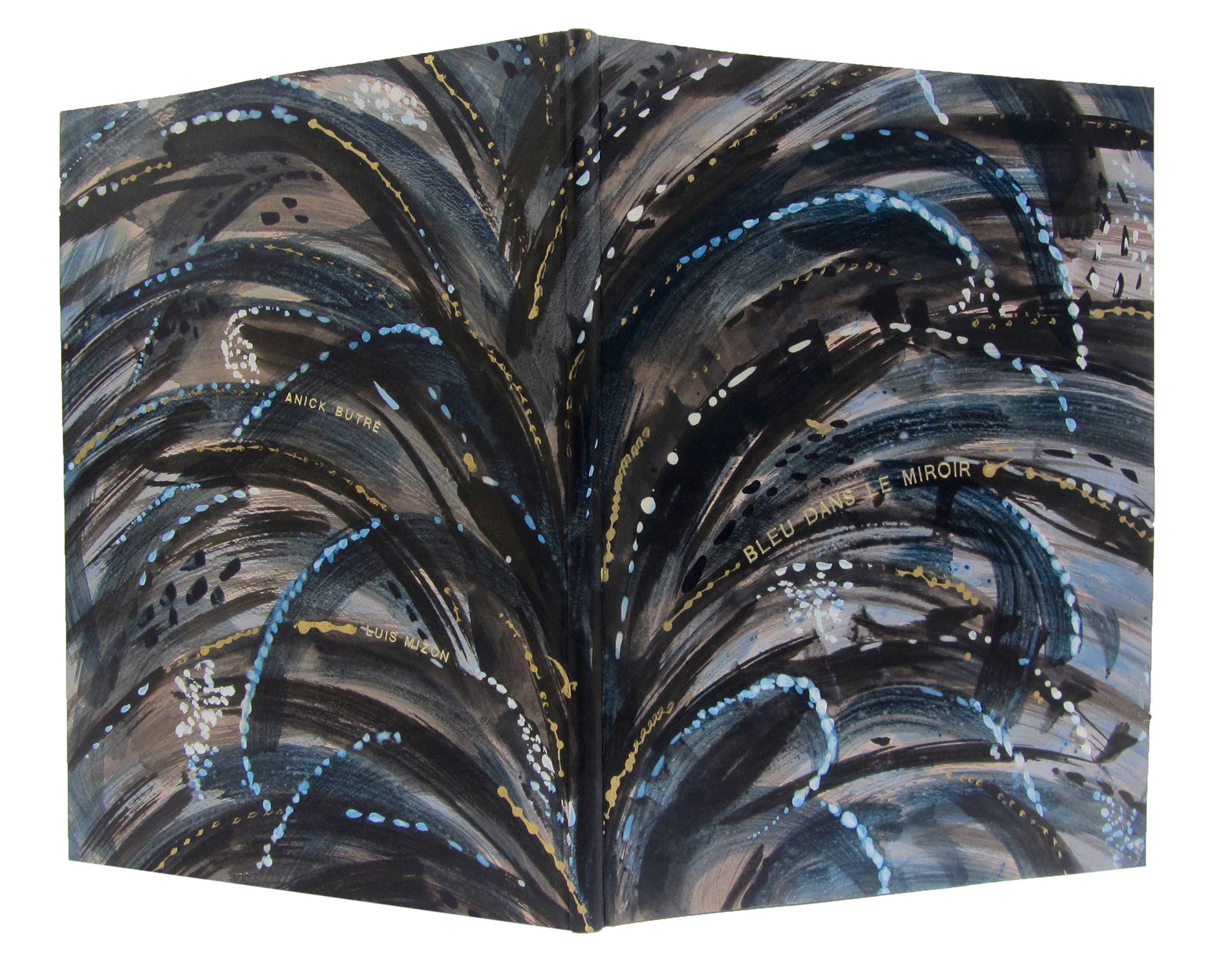 CONCOURS 2018 : Bleu dans le miroir, de Luis Mizon, gravures d’Anick Butré, éditions Noir d’ivoire. Prix 3e année de reliure attribué à Anne Pinet,.
