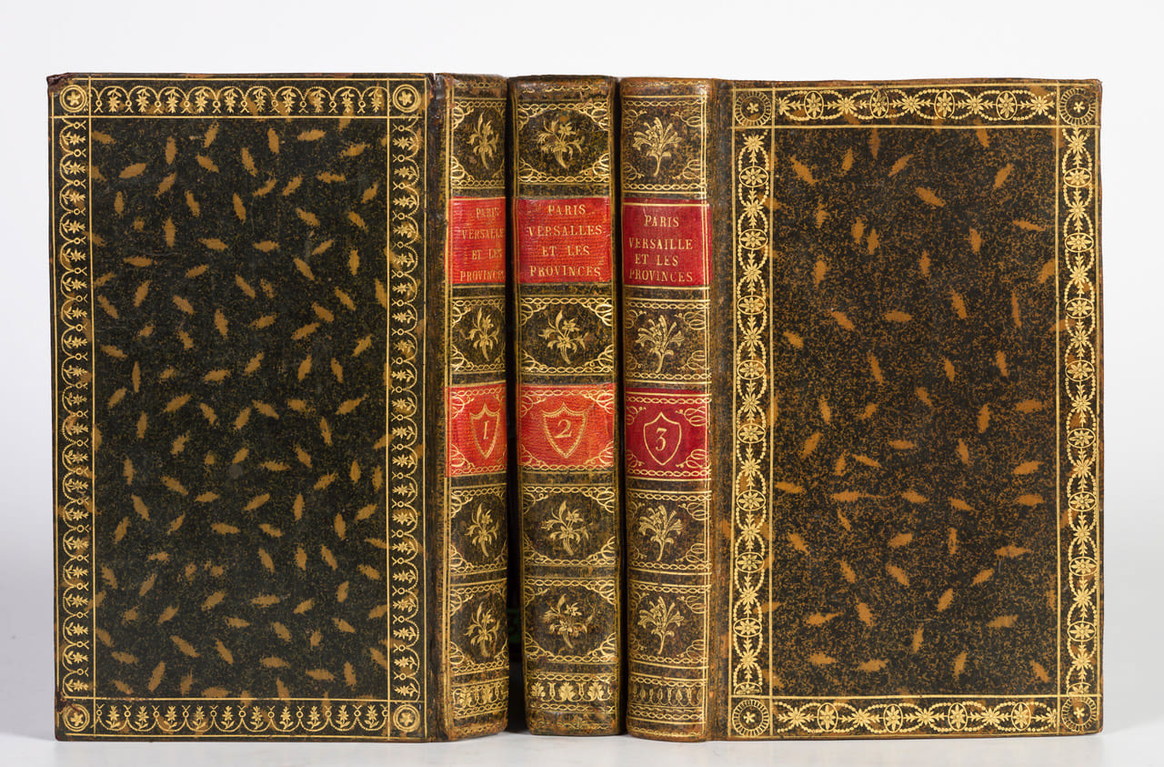Spécimen de reliure à motifs géométriques de « Paris, Versaille et les Provines aux 18ème siècle », de Dugast de Bois Saint Just, une édition originale des 3 volumes réunis