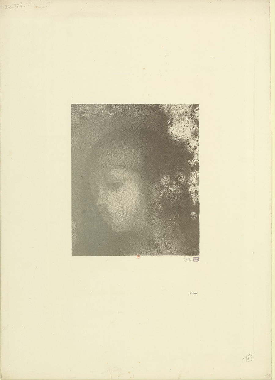 Odilon Redon (1840-1916). Tête d’enfant avec fleurs. 1897. Lithographie, rehaussée en couleurs, sur Chine appliqué.