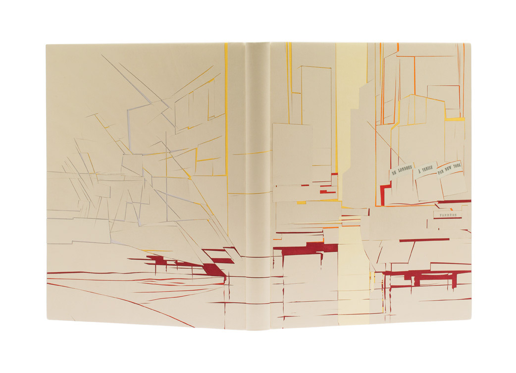 Reliure d’Alain Koren sur De Londres à Venise par New-York de Claude Farrère, illustré par Valdo Barbey. Reliure traditionnelle plein box ivoire. Décor par incisions de la peau de couvrure. 26 x 33 cm. © ARA France