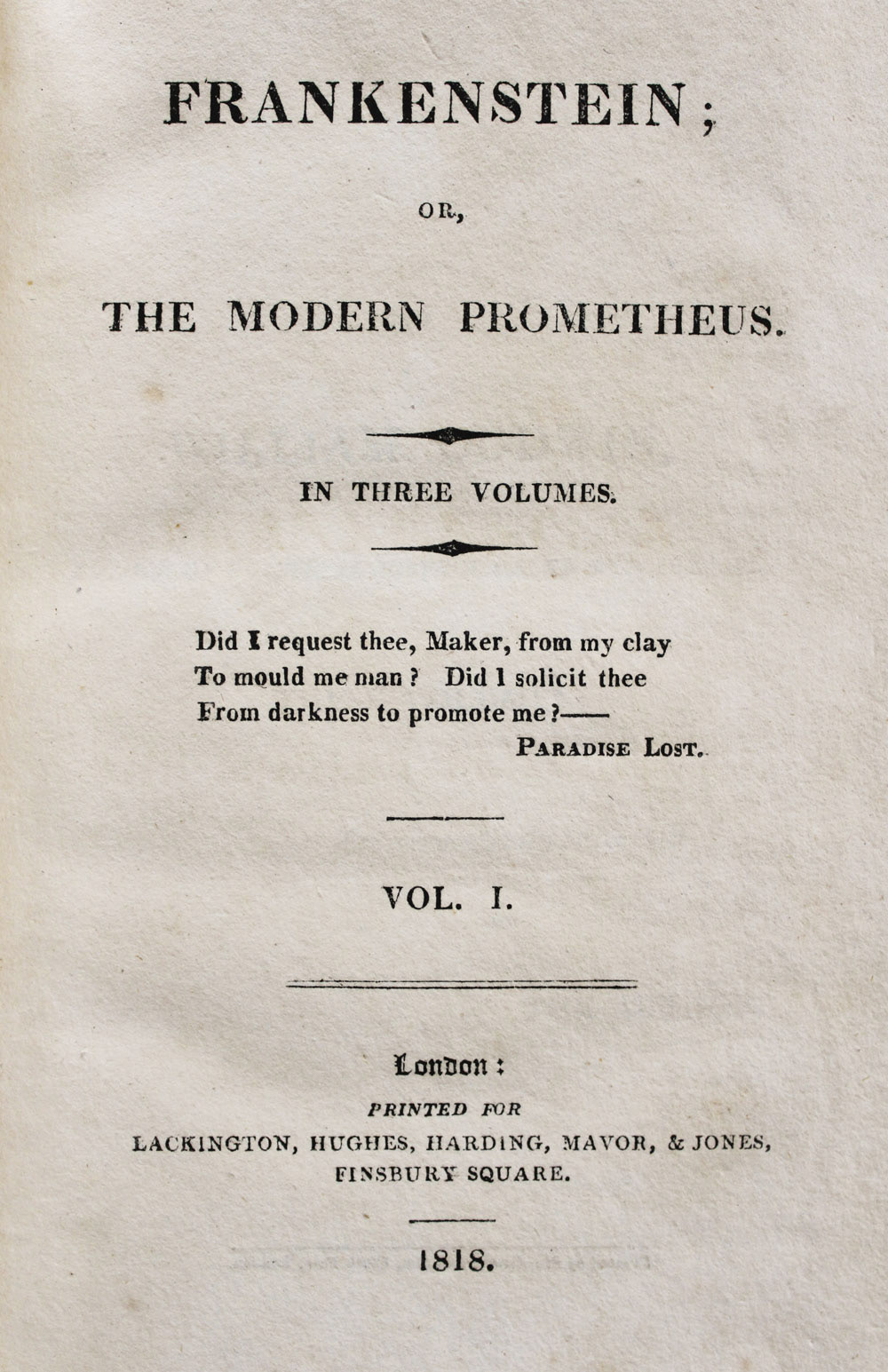 Librairie L’ENCRIVORE - Mary SHELLEY, Frankenstein ; or, The Modern Prometheus,1818, Mythique et rarissime édition originale - BOUQUINERIE AURORE & LIBRAIRIE ENCRIVORE