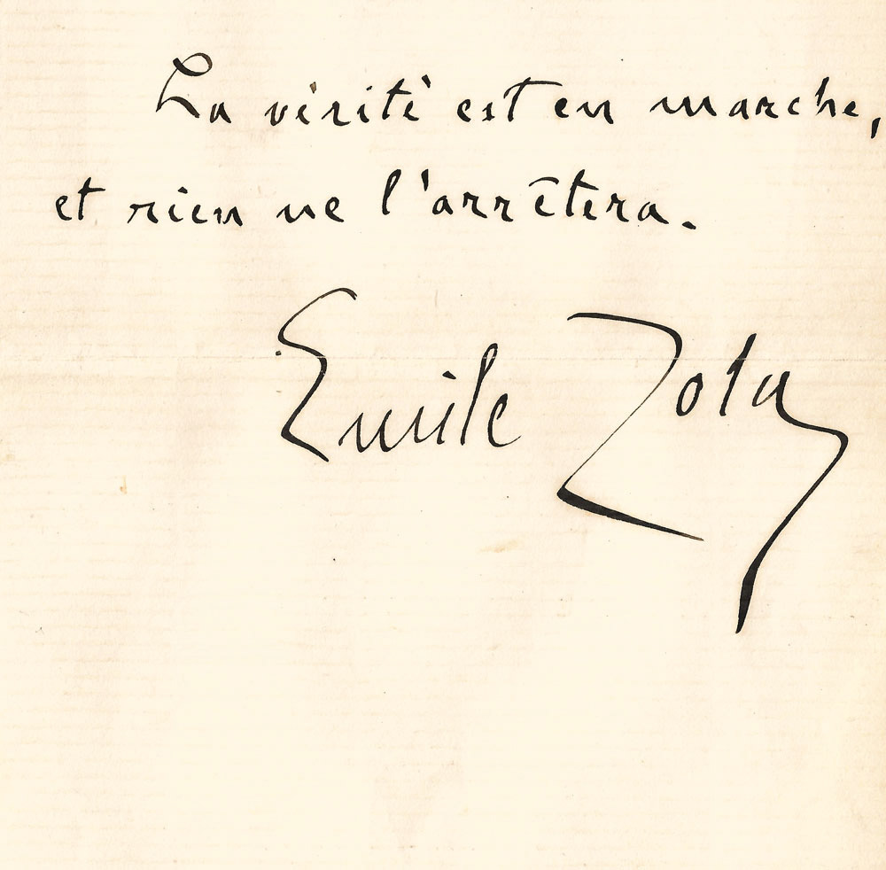 AUTOGRAPHES DES SIÈCLES - Emile ZOLA,La vérité est en marche, L'Affaire Dreyfus, pensée autographe signée - AUTOGRAPHES-DES-SIECLES.