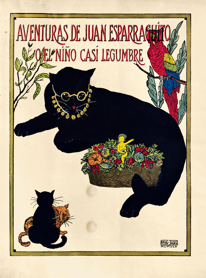 Librairie Gaëlle CAMBON - Agustin EDWARDS Mc CLURE, Aventuras de Juan Esparraguito o el nino casi legumbre. Cuchicheos de un abuelo. 1930, Broché, sous couvertures de parchemin illustrées et mises en couleurs au pochoir - GAELLE CAMBON