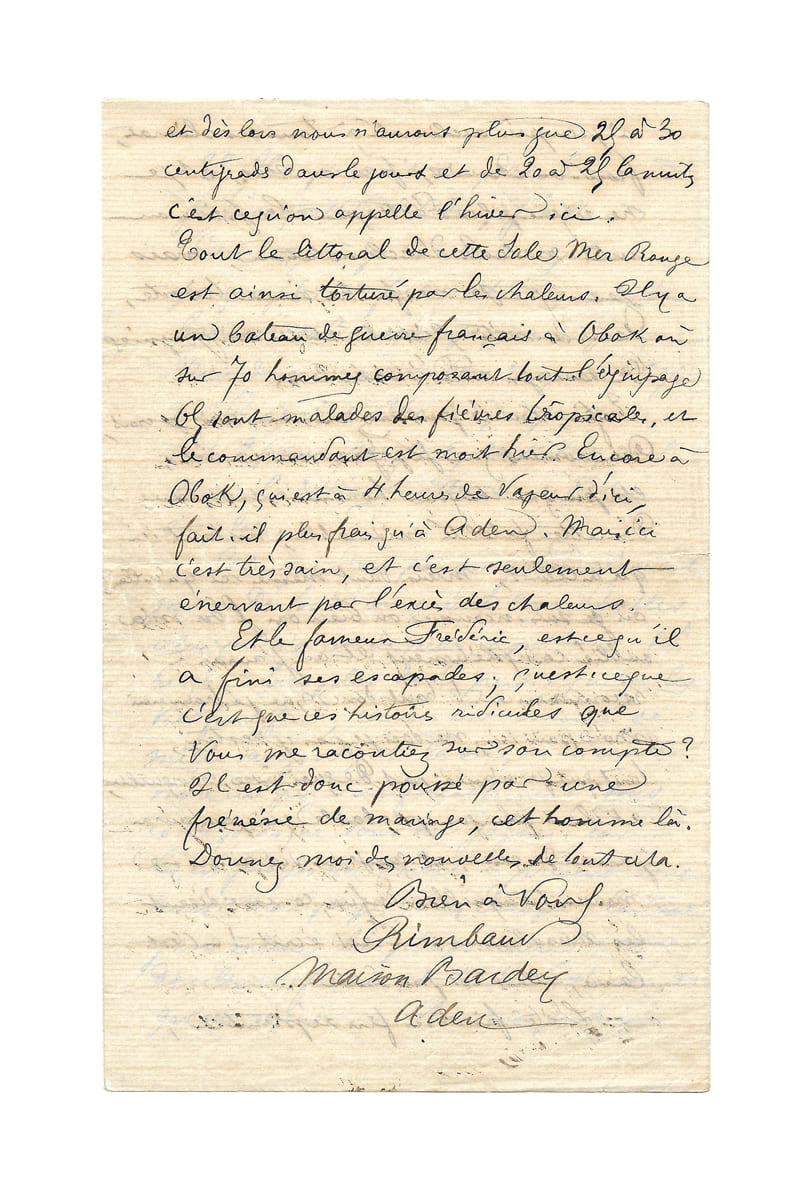 Arthur RIMBAUD (1854-1891) Lettre autographe signée « Rimbaud » à sa famille
Aden, 10 septembre 1884, 4 pp. in-8° à l’encre noire sur papier vergé