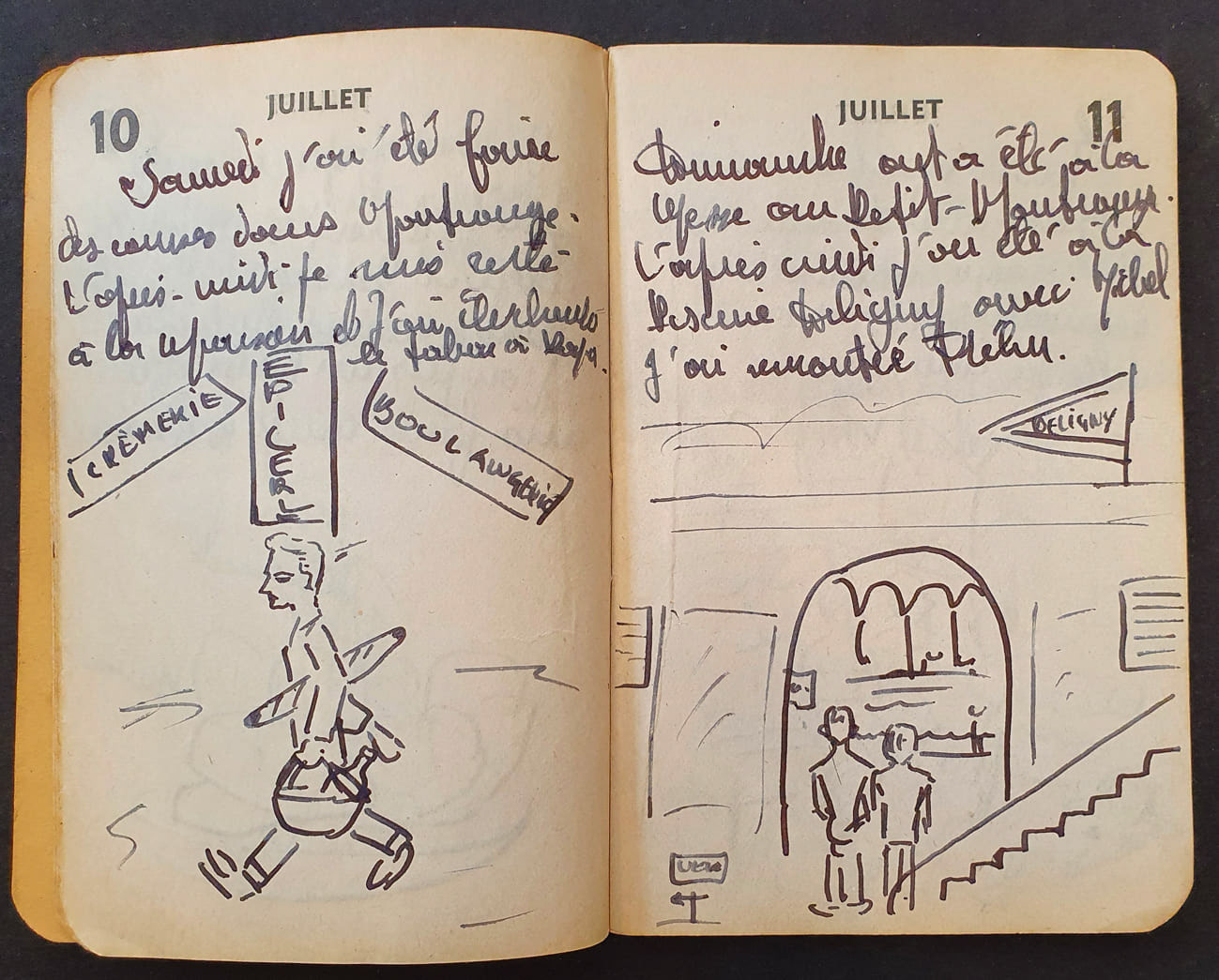 Les agendas (15 petits carnets agrafés "Gibert Joseph") légendés et illustrés par un lycéen pendant l'Occupation : Serge Dubos, habitant de Montrouge et étudiant au lycée Montaigne à Paris, narre jour après jour sa vie quotidienne entre janvier 1941 et septembre 1944 : il raconte en images le ressemelage de ses chaussures, ses soucis avec son vélo, la voiture qui ne sert plus jamais, les fréquents retours à pied jusqu'à Montrouge, les profs absents, le froid, les difficultés d'approvisionnement en charbon, la rentrée à Lakanal puis au cours Florent, le métro, les restaurants, le rationnement, le couvre-feu, la revente des livres chez Joseph Gibert et les courses au Printemps, le cinéma plusieurs fois par semaine, les pièces de théâtre à la T.S.F. et les alertes à la bombe... plus de 1000 pages méthodiquement remplies à l'encre.