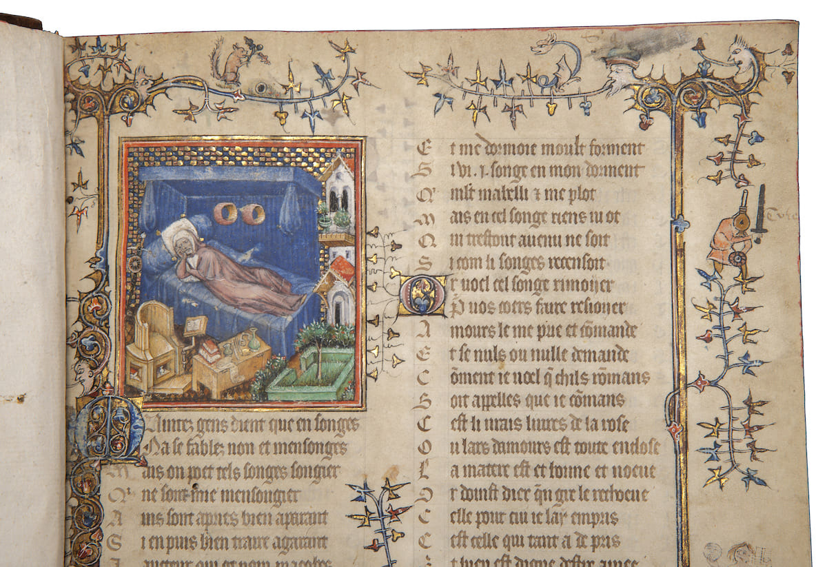 Guillaume de Lorris and Jean de Meun, with interpolations of Gui de Mori, Roman de la Rose In French, Illuminated manuscript on parchment. 3 illuminations and luxurious initials and border decoration on nearly every page by Jean Semont
Southern Netherlands, Tournai, c. 1390