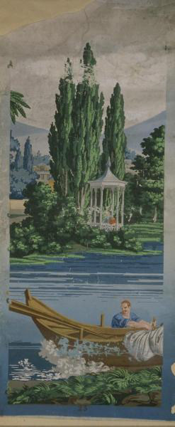 Les rives du Bosphore, lé 23. Papier peint panoramique, manufacture Joseph Dufour à Paris, édition originale avant 1812, reédition seconde moitié du 19ème siècle par la manufacture Desfossé & Karth. Impression à la planche sur papier continu, fond bleu ou gris, 13 couleurs. 145 cm x 57 cm ©Yves Lesven/Bibliothèque Forney