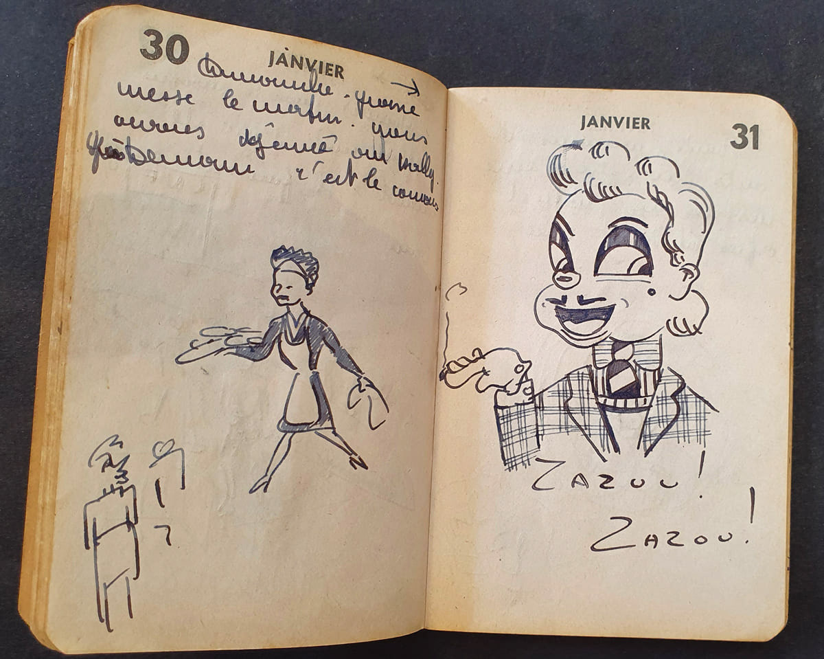 Les agendas (15 petits carnets agrafés "Gibert Joseph") légendés et illustrés par un lycéen pendant l'Occupation : Serge Dubos, habitant de Montrouge et étudiant au lycée Montaigne à Paris, narre jour après jour sa vie quotidienne entre janvier 1941 et septembre 1944 : il raconte en images le ressemelage de ses chaussures, ses soucis avec son vélo, la voiture qui ne sert plus jamais, les fréquents retours à pied jusqu'à Montrouge, les profs absents, le froid, les difficultés d'approvisionnement en charbon, la rentrée à Lakanal puis au cours Florent, le métro, les restaurants, le rationnement, le couvre-feu, la revente des livres chez Joseph Gibert et les courses au Printemps, le cinéma plusieurs fois par semaine, les pièces de théâtre à la T.S.F. et les alertes à la bombe... plus de 1000 pages méthodiquement remplies à l'encre.