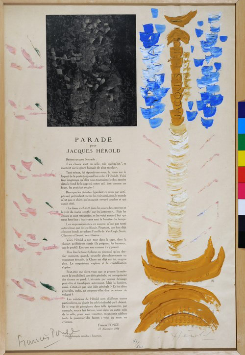 2015 006: Francis Ponge. Parade pour Jacques Hérold - Poème-affiche 1954 ( Jacques Hérold a enluminé à la gouache le texte de francis Ponge)