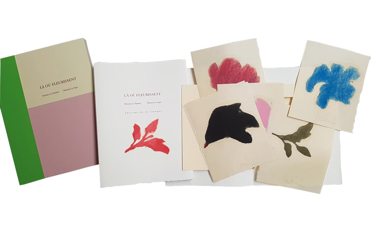 Denise Le Dantec : Là où fleurissent Ce poème inédit de Denise Le Dantec, a été composé en didot de corps 18 et enrichi de 14 dessins au pastel sec, à l’huile et à la cire de Thierry Le Saëc. Les textes ont été imprimés sur les presses des éditions de la canopée. L’emboîtage a été confié à l’atelier Jeanne Frère de Nantes. Il a été tiré à 12 exemplaires sur vélin BFK de rives, numérotés de I à XII dont trois exemplaires enrichis d’une suite des dessins sur du papier Tikataya. Tous les exemplaires sont signés par l’auteure et le peintre. achevé d’imprimer le 19 novembre 2020, à kergollaire en Languidic, pour les éditions de la canopée. Format fermé : 38 x 29 cm. Format ouvert (livre en leperello) 38 x 616 cm.