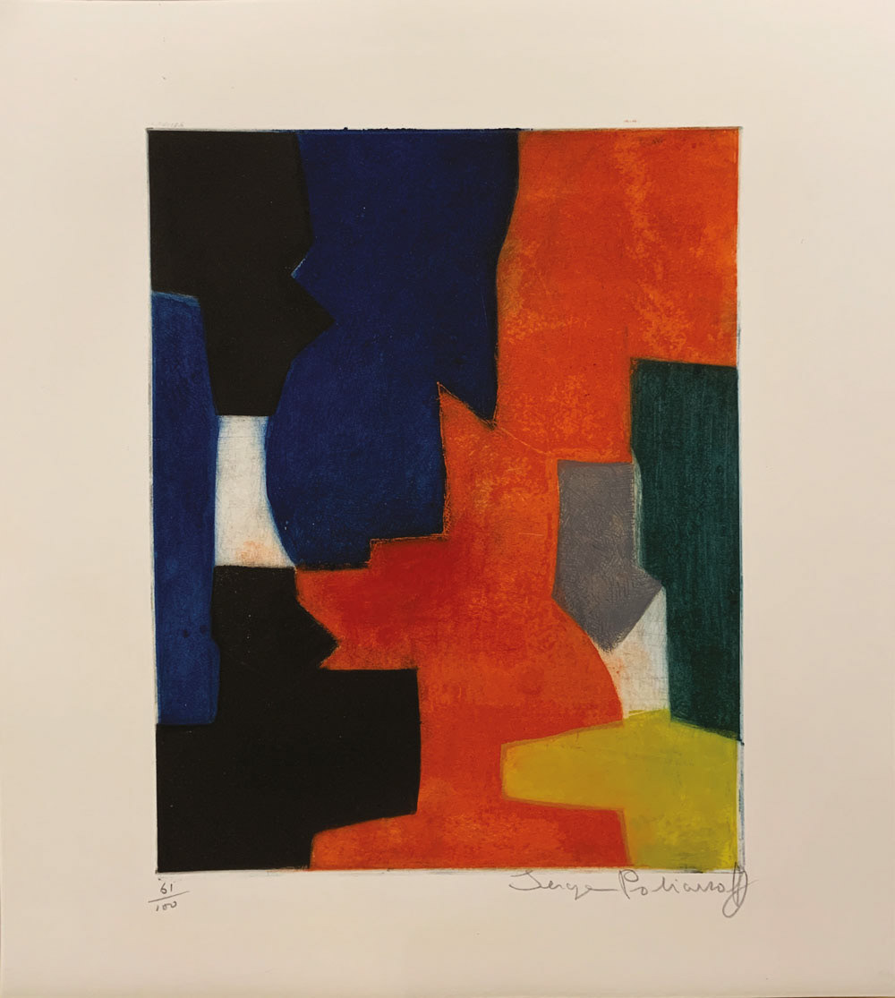 Le Coin des Arts - Serge POLIAKOFF, Composition bleue, rouge, verte et noire. Paris, 1958. Eau-forte, aquatinte et burin. 32 x 24,5 cm (cuivre). - LE COIN DES ARTS