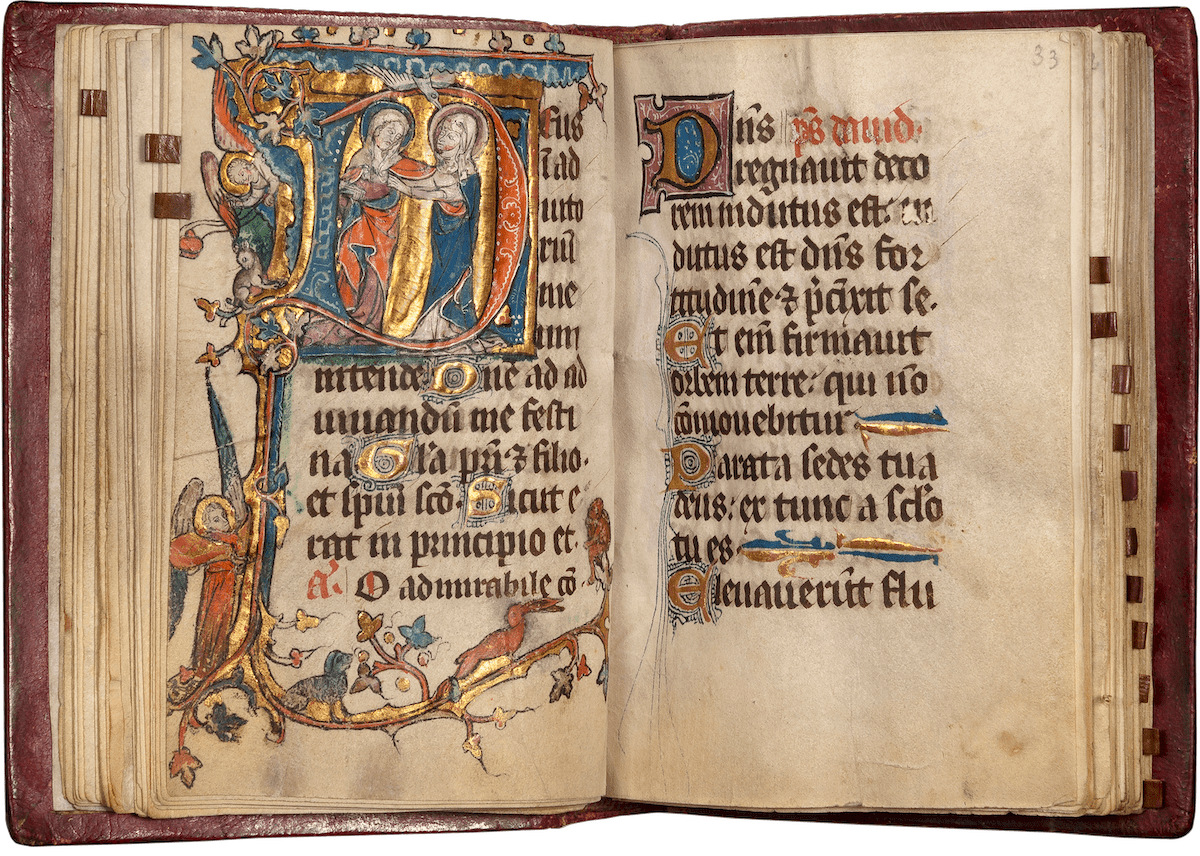 Thourotte Hours (use of Metz) In Latin and French, Illuminated manuscript on parchment. 40 miniatures (2 full-page, 7 miniatures, 7 large historiated initials, and 24 calendar miniatures) by the Master of the Boethius of Montpellier
France, Metz, c. 1340