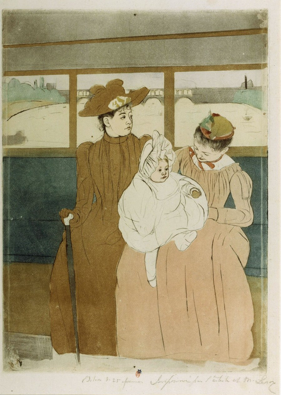Mary Cassatt (1844-1926). Dans l’omnibus. 1890-1891. Pointe-sèche et aquatinte en couleurs.