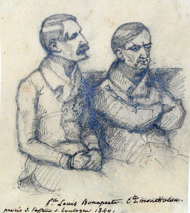 Librairie BERTRAN - Photos d'un carnet d'une centaine de croquis d'audience de la première partie du XIXème, pris à la Cour des pairs - Prince Louis Bonaparteet le comte de Montholon (tentative de coup d'Etat de Boulogne du 6août 1840)