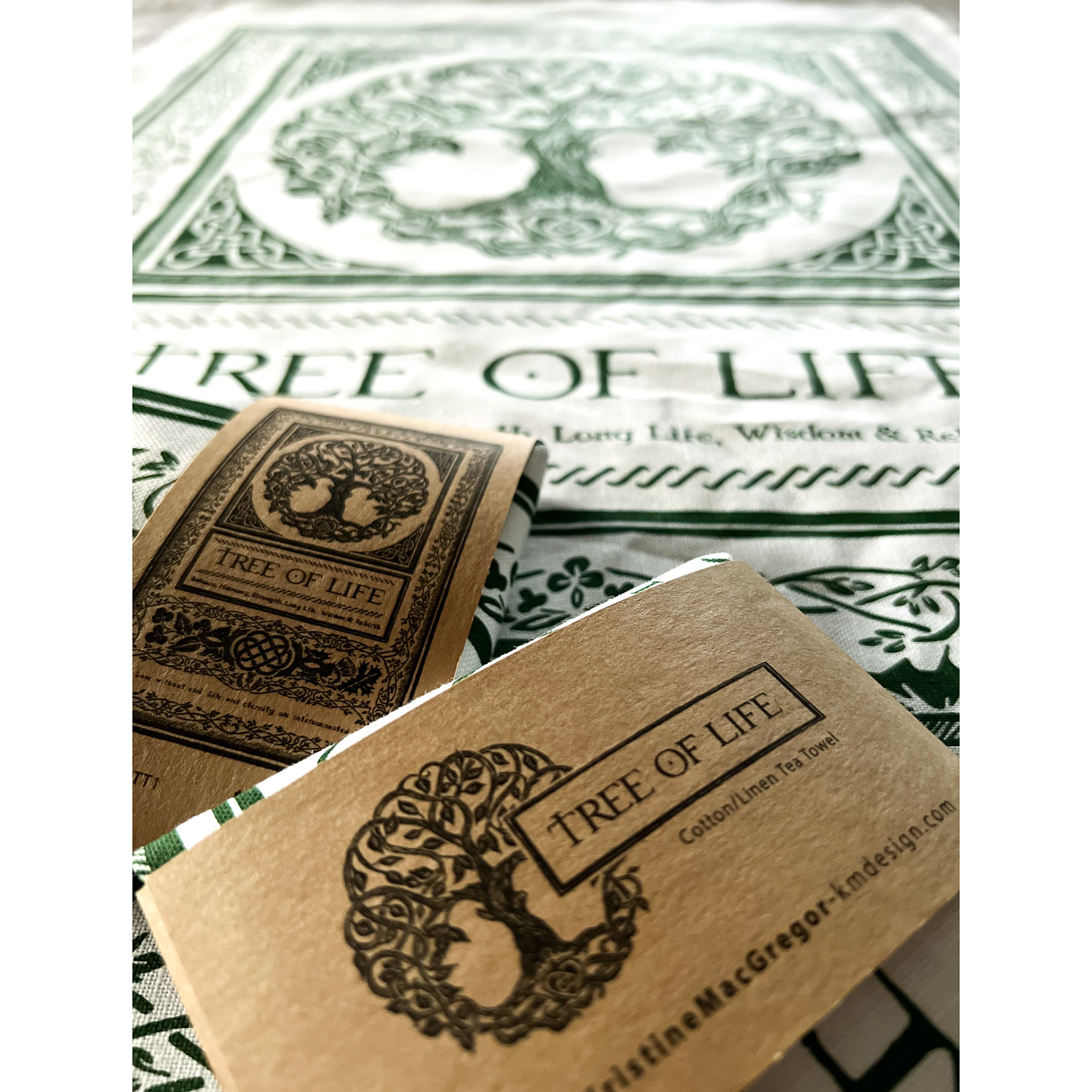 Tree of Life Tea Towel - Green on Cotton Linen Blend