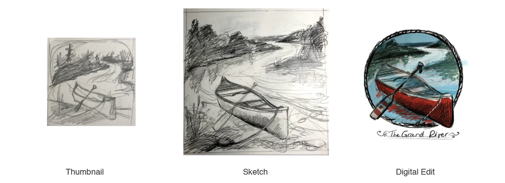 Work in progress of the Grand River Red Canoe print by artist Kristine MacGregor