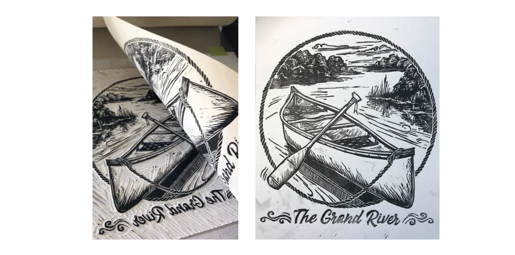 pulling a linoblock print by Kristine MacGregor