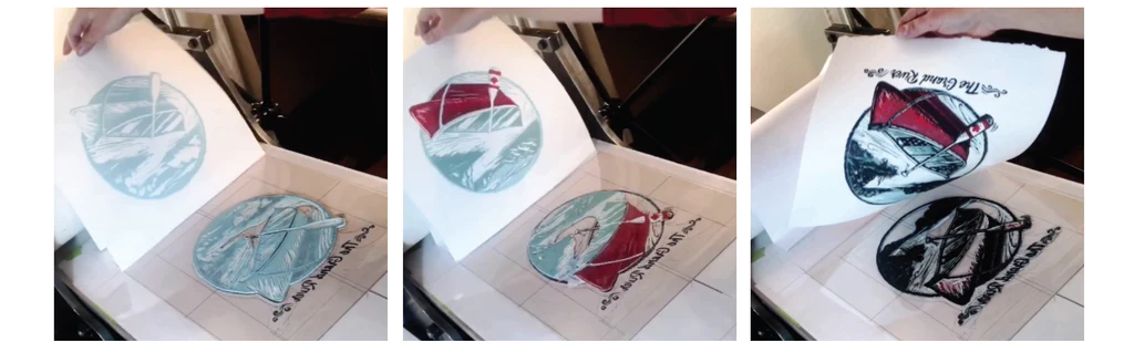 3 colour lino block print process by artist Kristine MacGregor