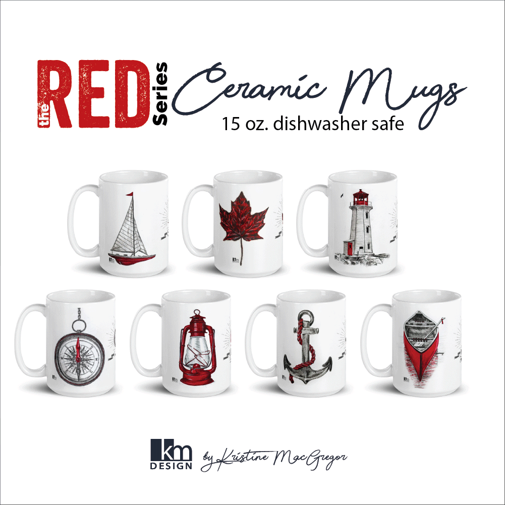 Nautical mugs by artist Kristine MacGregor using the Red Series Drypoint artwork