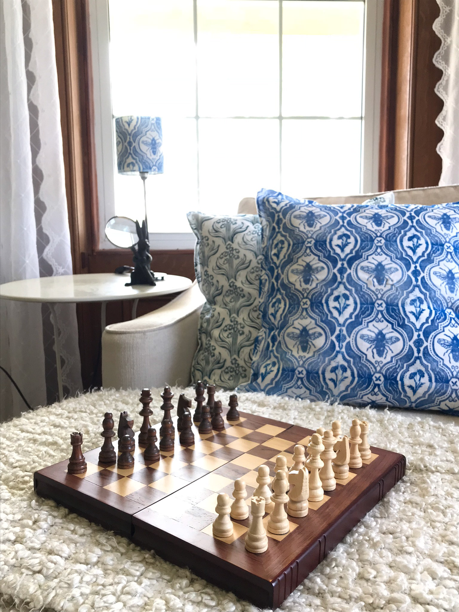 hand printed blue and white honey bee pillowcase