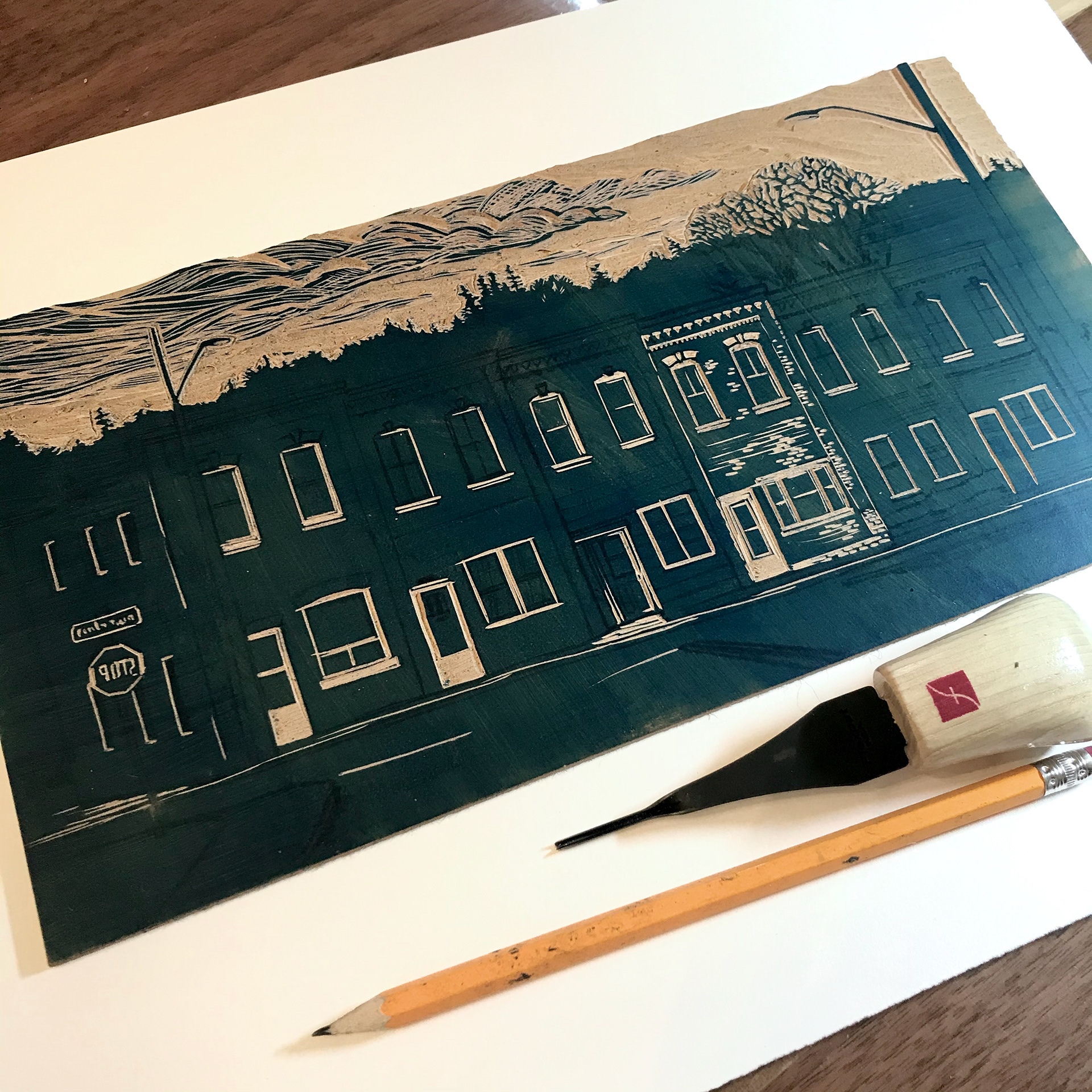 Plate detail with the first colour carved.