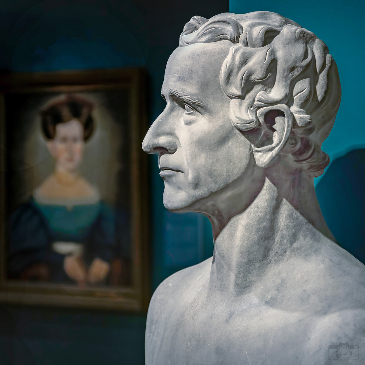 In the background, an Erastus Salisbury Field portrait - New Britain Museum of American Art