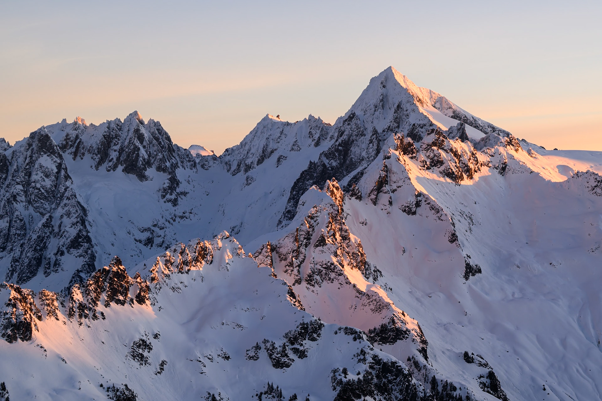 Southwest Face of Eldorado Peak. The traditional snow climb route is the ridge on the right skyline.