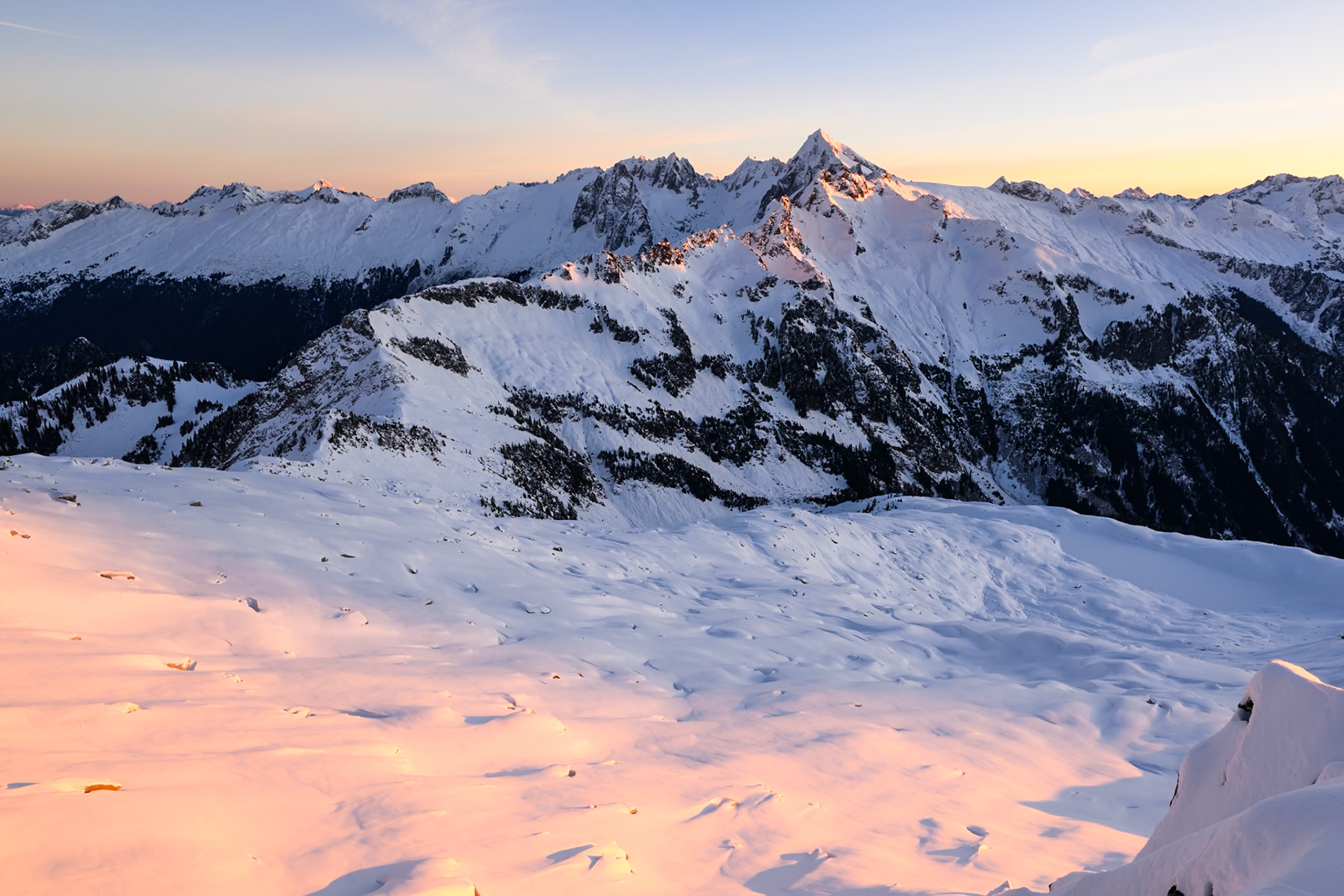 First layer of snow looking towards Eldorado Peak.