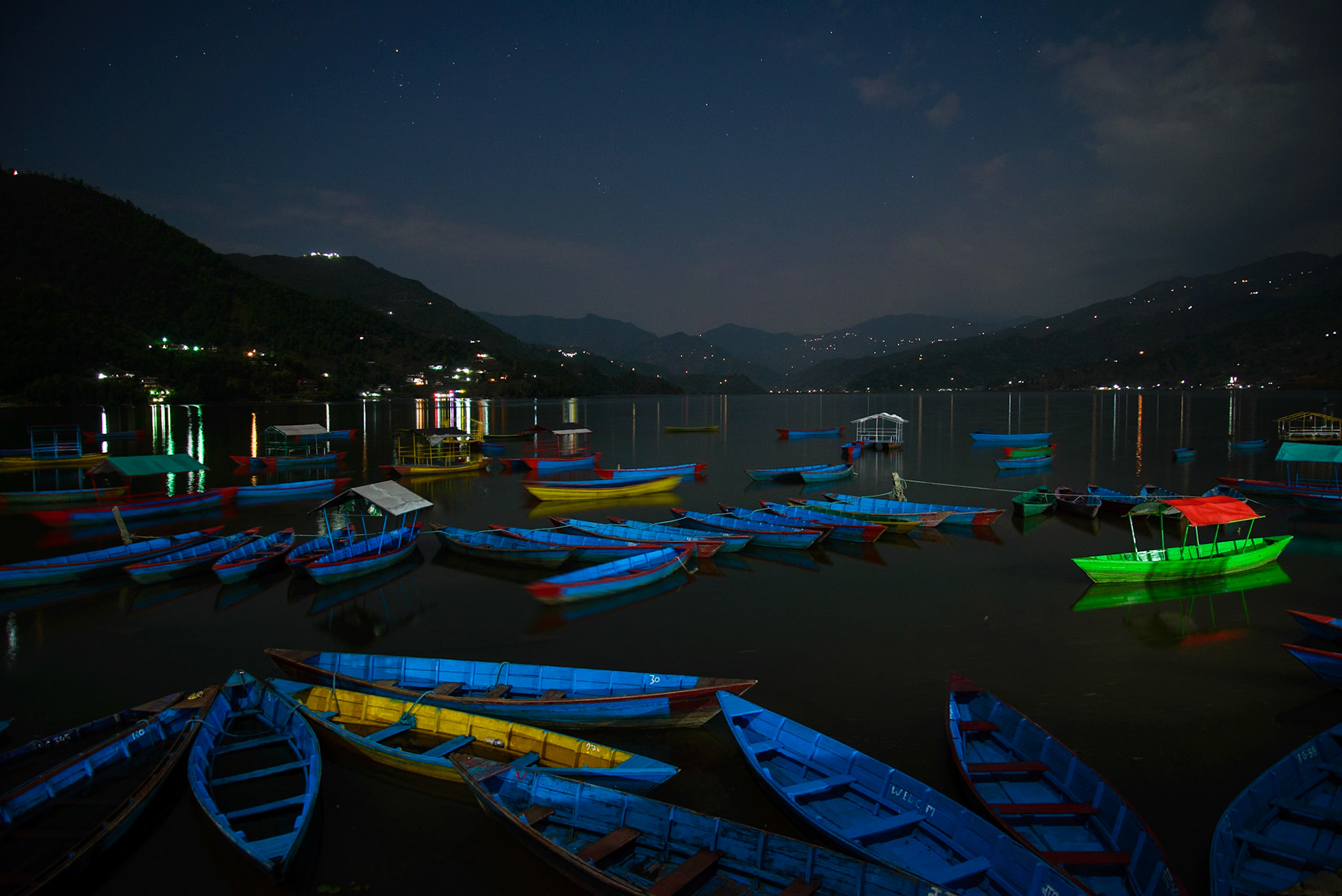 Paddle boats on Lake Phewa. We returned one of these late at night.