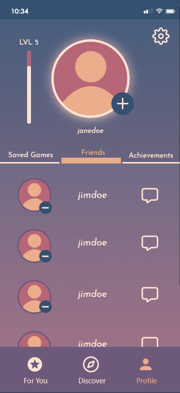 The friends section shows all friends that are connected with the user as well as a message button.