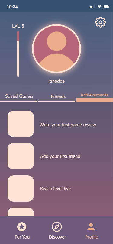 A user's achievements tab to "gamify" the platform itself and encourage user investment.
