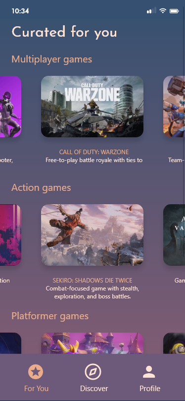 The main page with games recommended for each player.