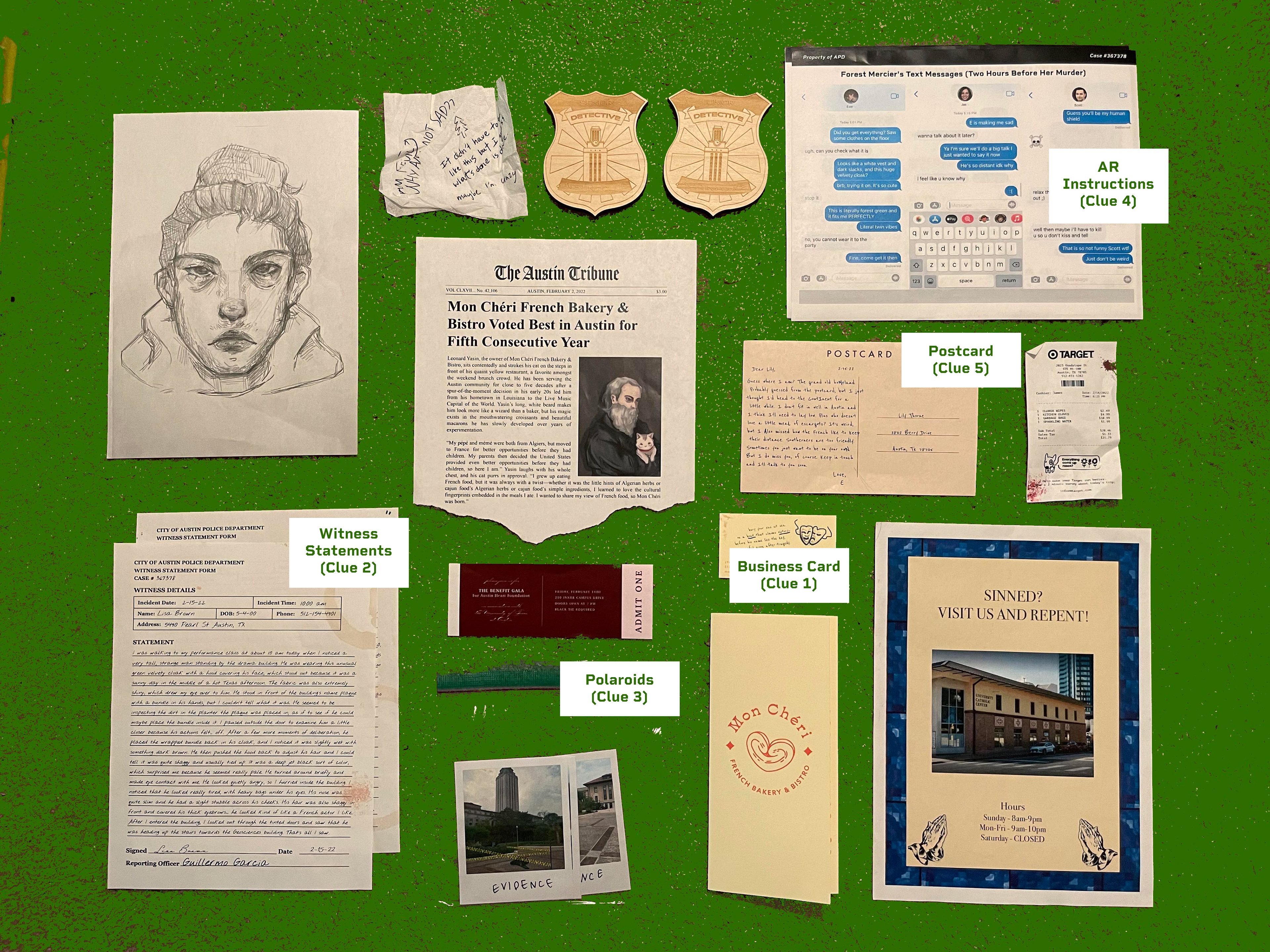 Final, fabricated ephemera: the highlighted pieces are the "heros" containing the actual clue