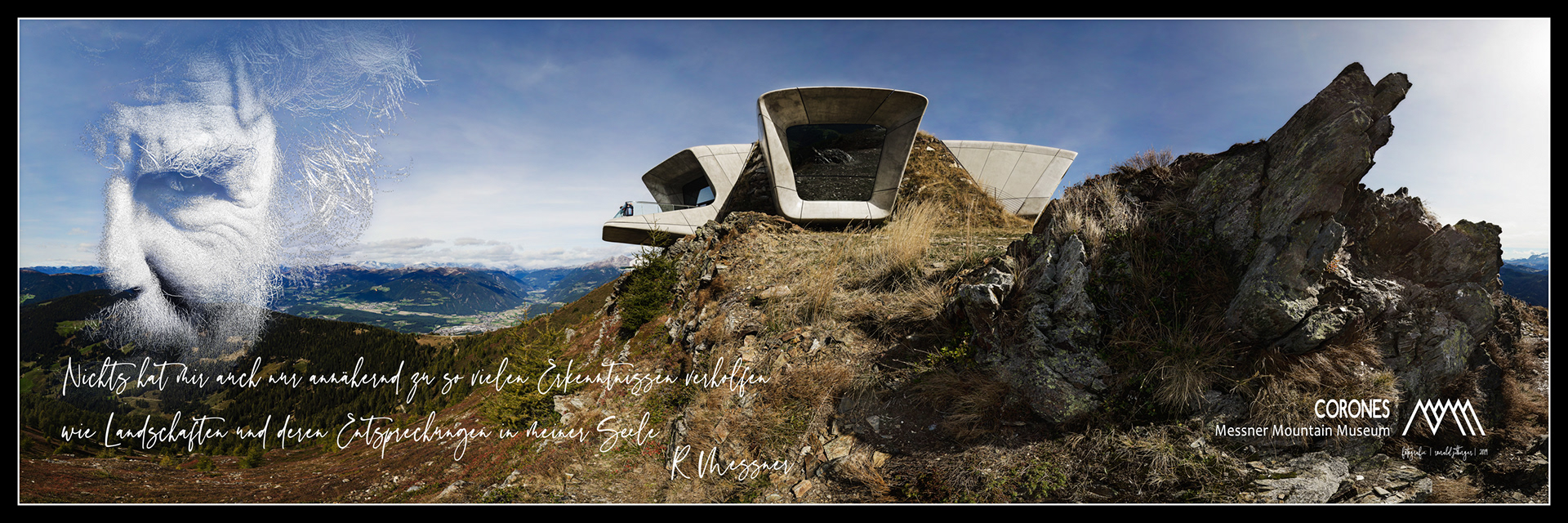 Hannes wollte ein spezielles Geburtstagsgeschenk. Also bekam er dieses Bild (Teil eines Panoramas: 180 cm x 60 cm auf Hartschaum) von den Corones mit einem Zitat von Reinhold Messner.