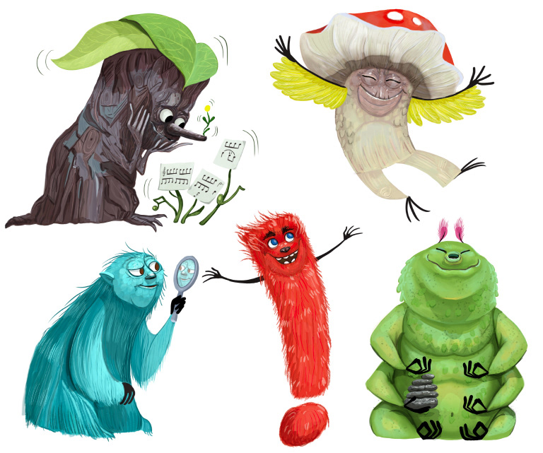 Funny monsters personification music, reflection, zen, happy, attention. Culture magazine editorial illustration.