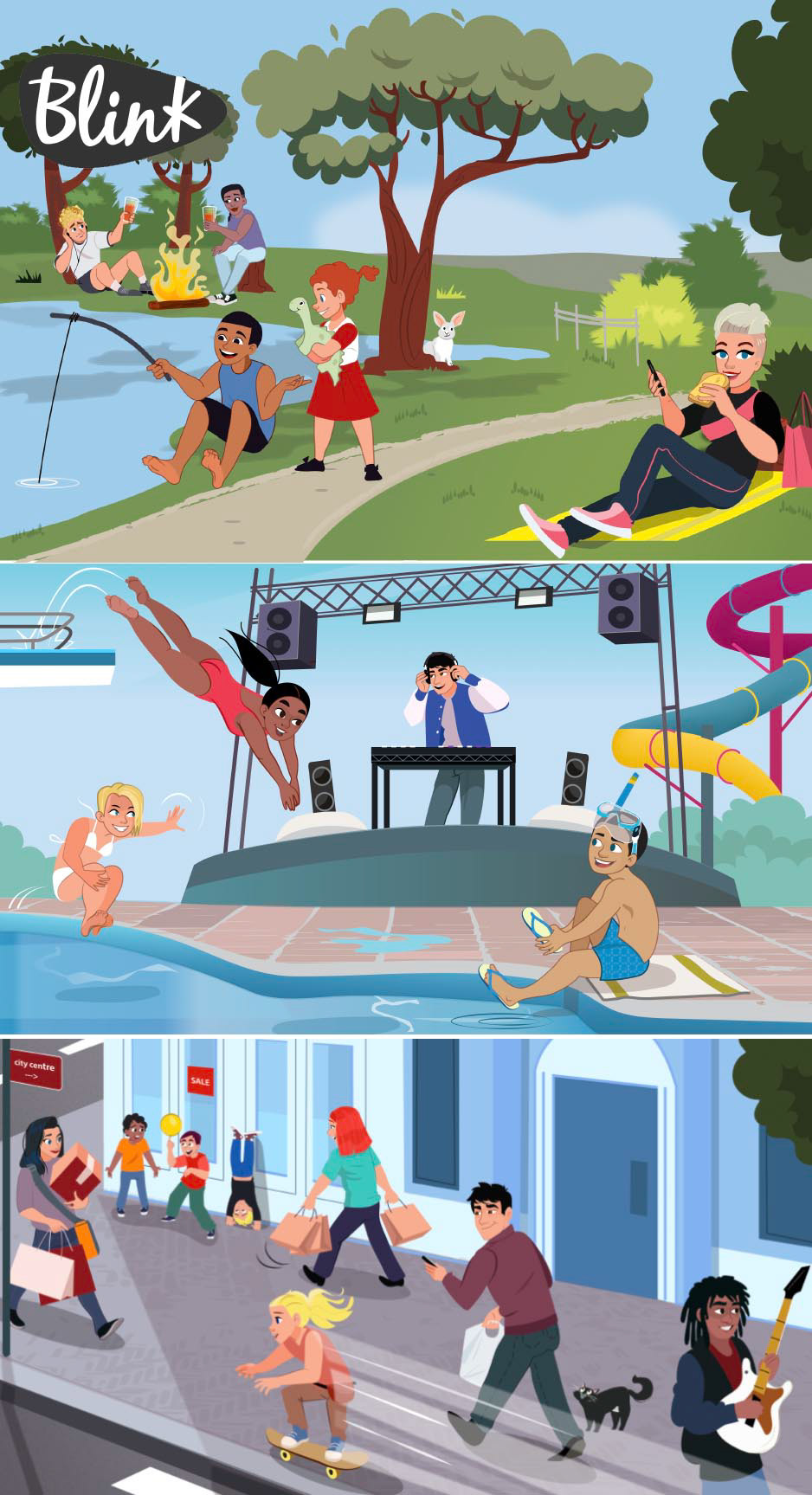 Illustration of people in the park. Educational illustration English for Blink Publishers