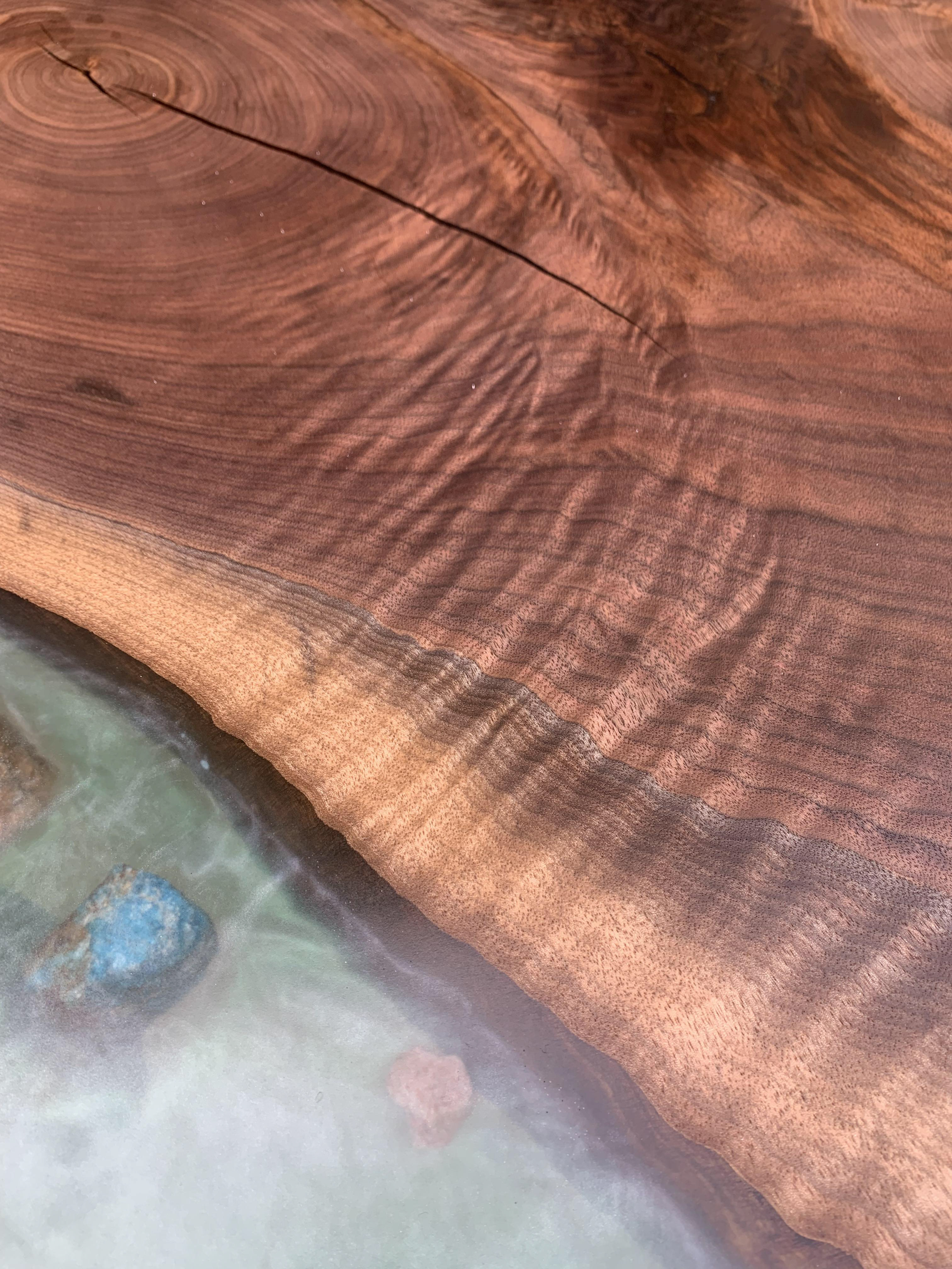 Black Walnut Slab and Blue Resin River Round Kitchen Table with Black Metal Hairpin Legs and Client’s Stones