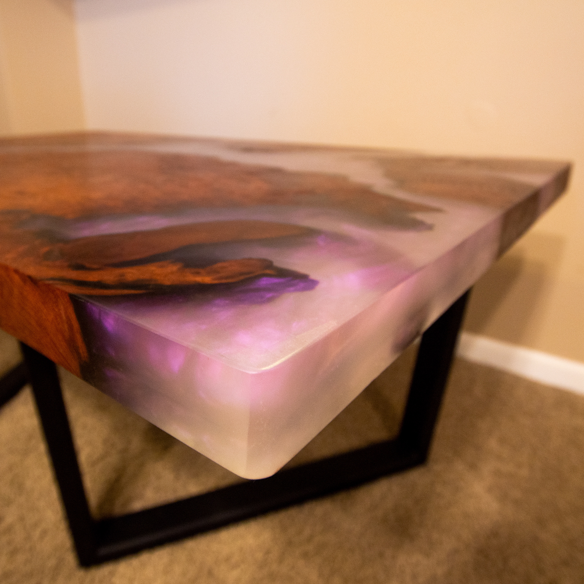 Redwood Slab and Smokey Purple Resin River Coffee Table with Black Mat Legs