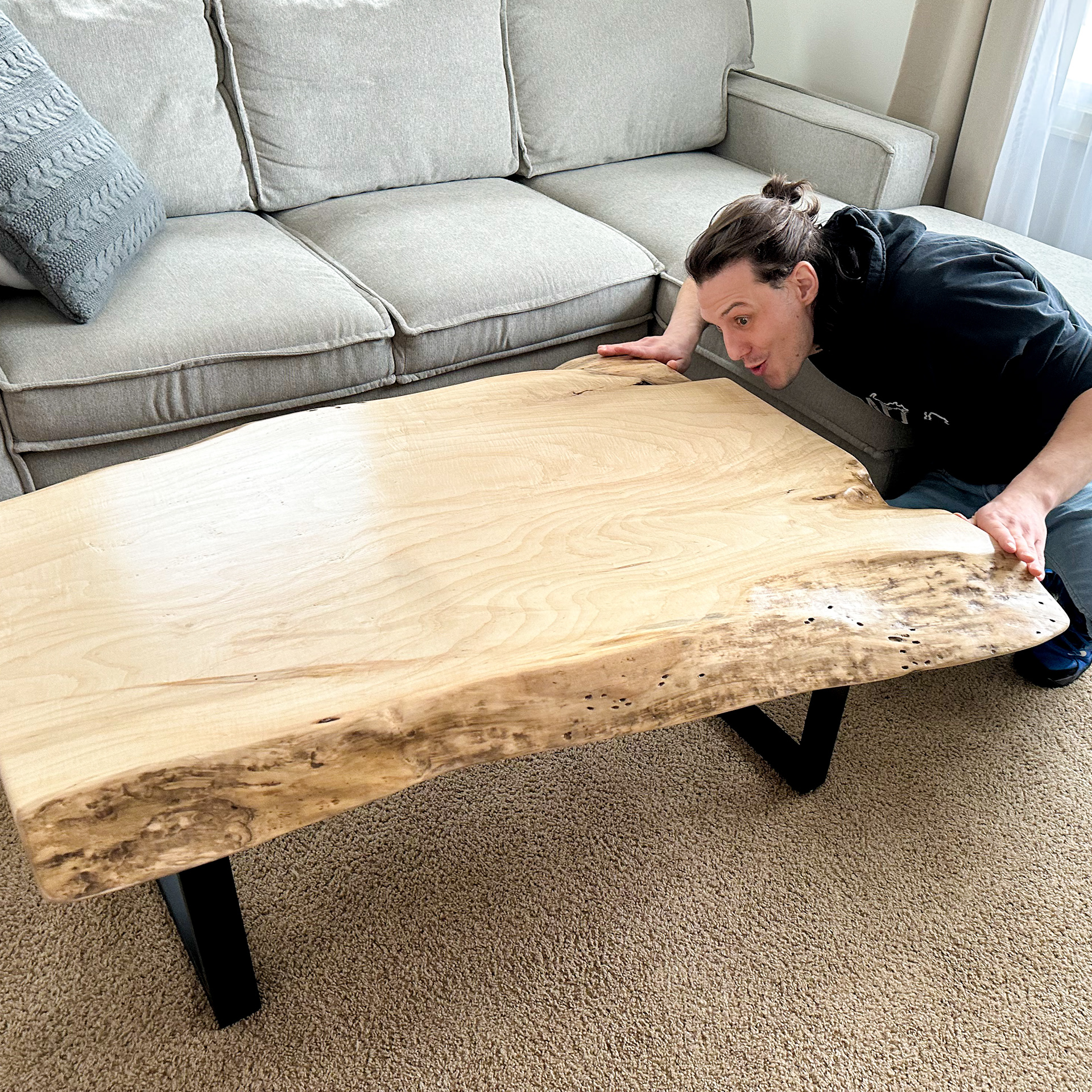 Live Edge Maple Slab Coffee Table with Black Mat Legs, our client loves it too!