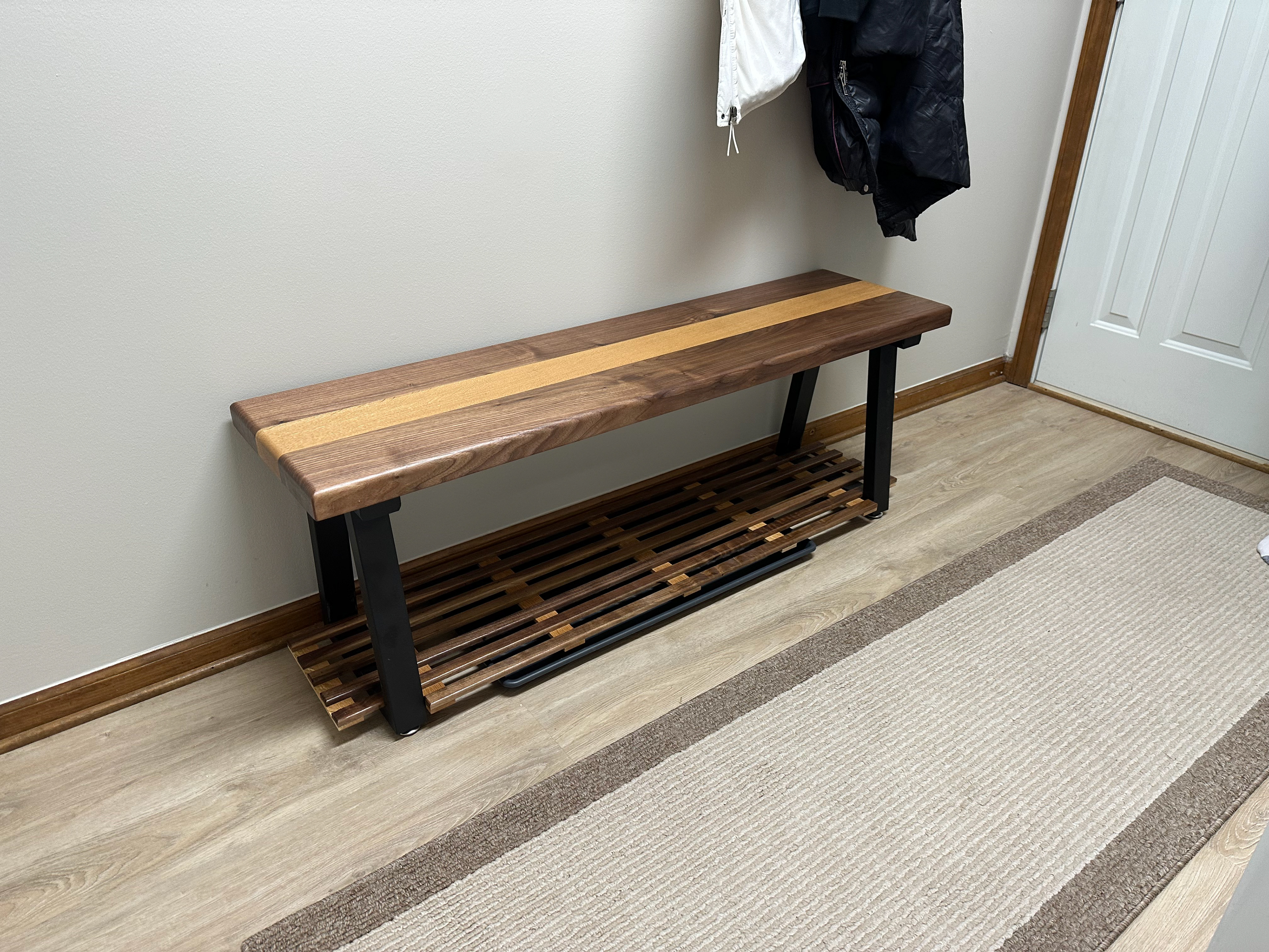 Black Walnut and Maple Bench with Black Mat Legs and Boot Tray