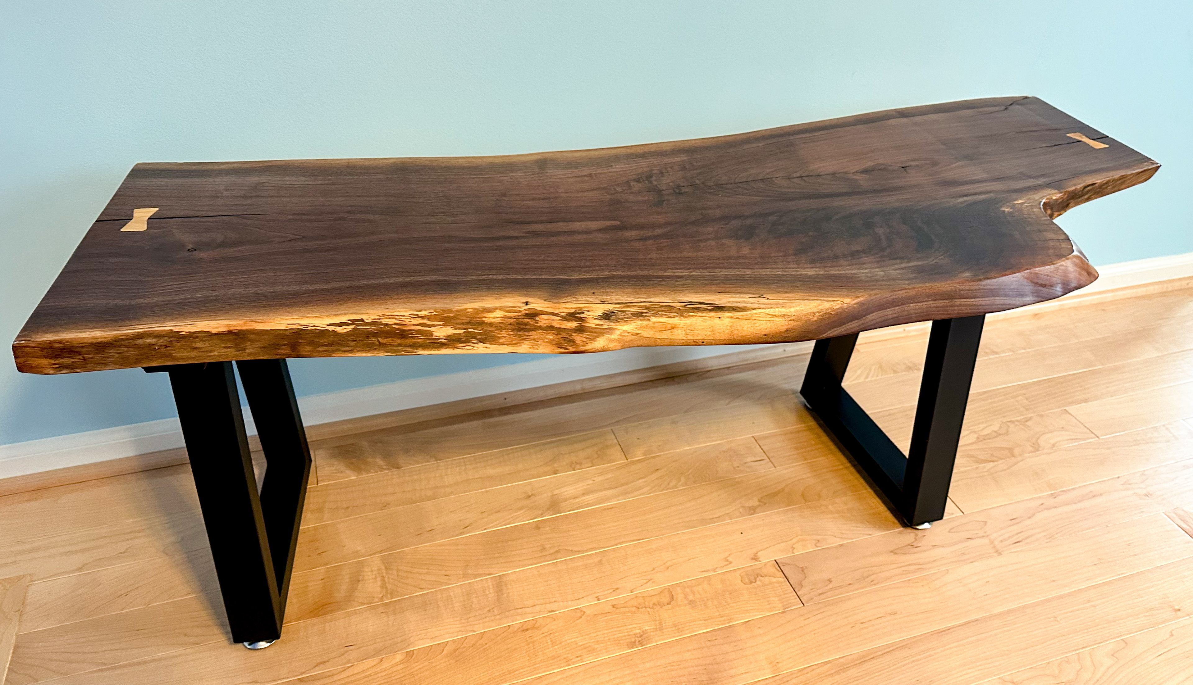 Live Edge Black Walnut Slab Bench with Black Mat Legs and Maple Bow tie