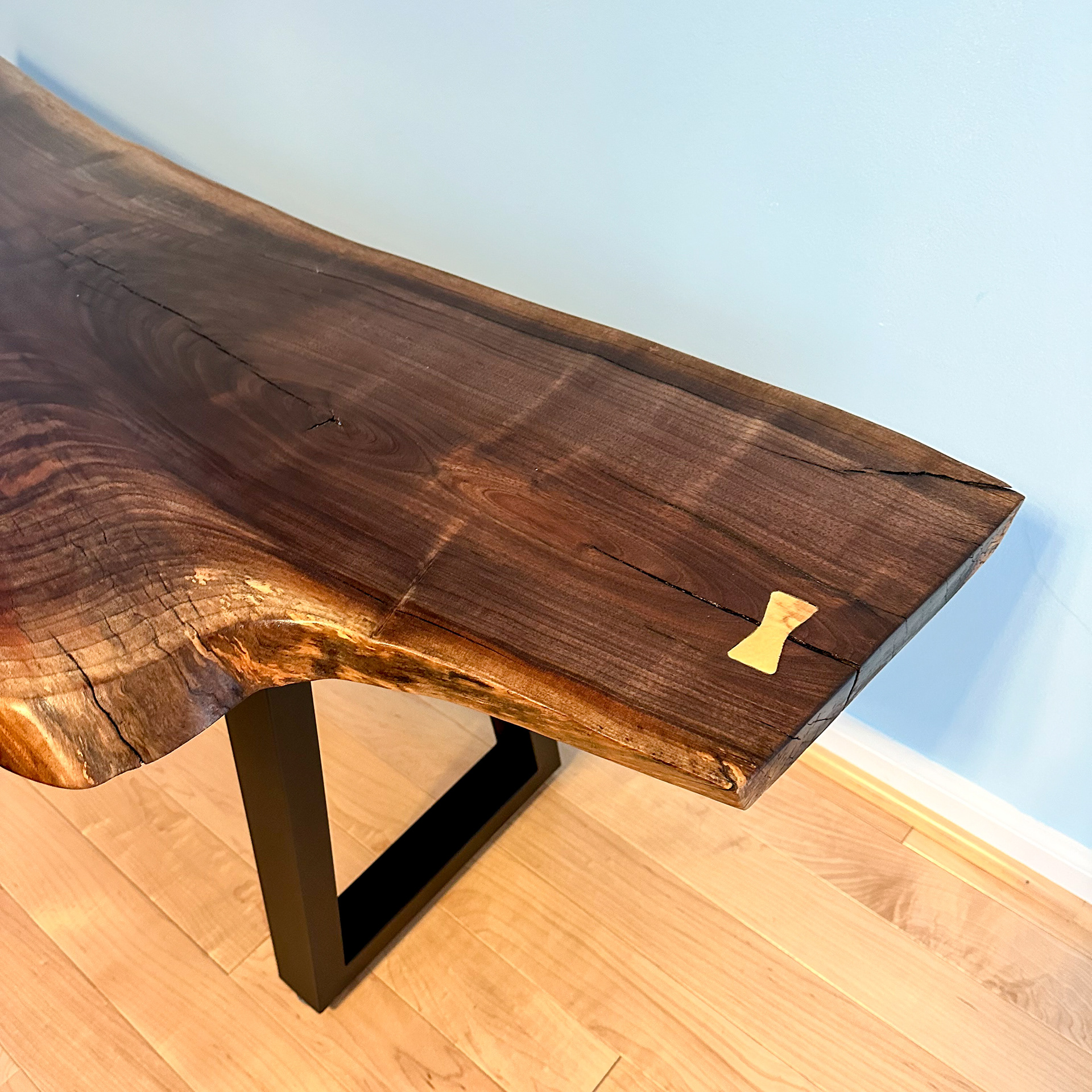 Live Edge Black Walnut Slab Bench with Black Mat Legs and Maple Bowtie