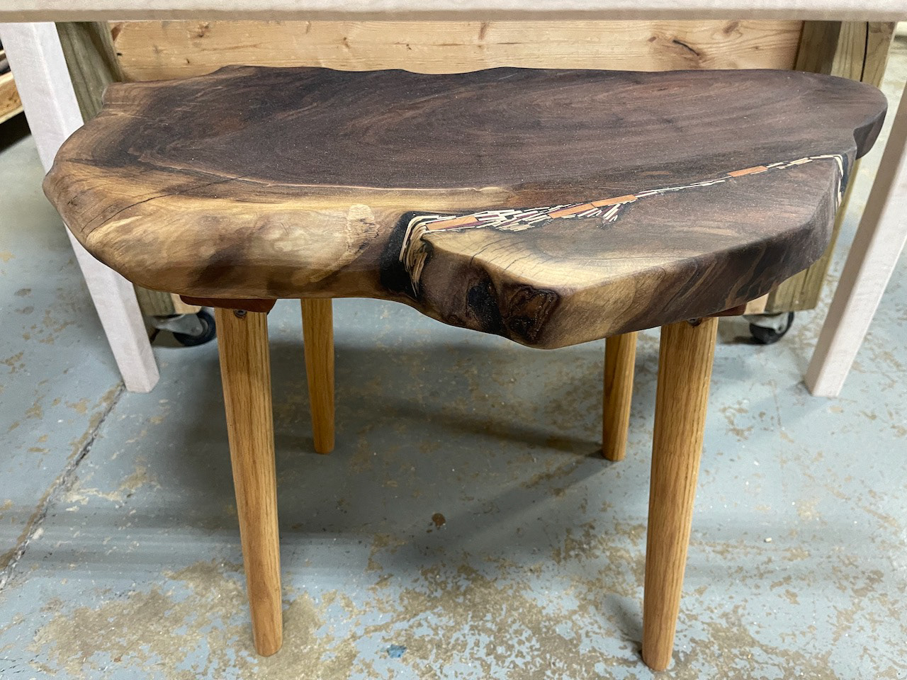Black Walnut Slab and Multi Colored Wood Resin River End Table with Maple Legs